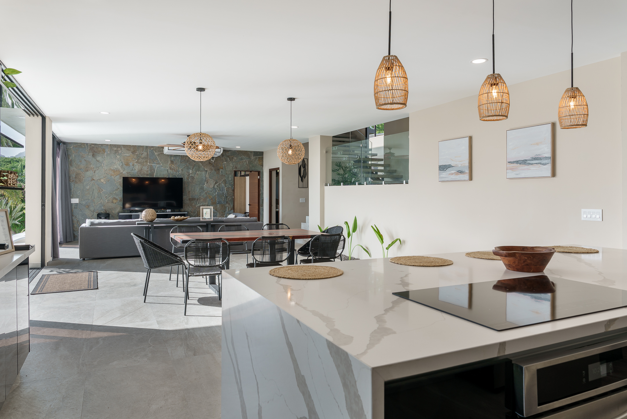 Open kitchen integrated with the living area in a luxury residence.